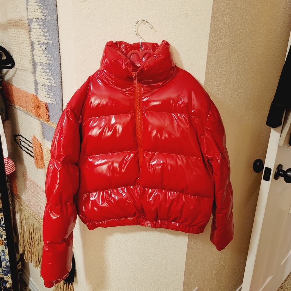 Azalea Wang Patent Leather Puffy Jacket in Cherry Red, sz Small